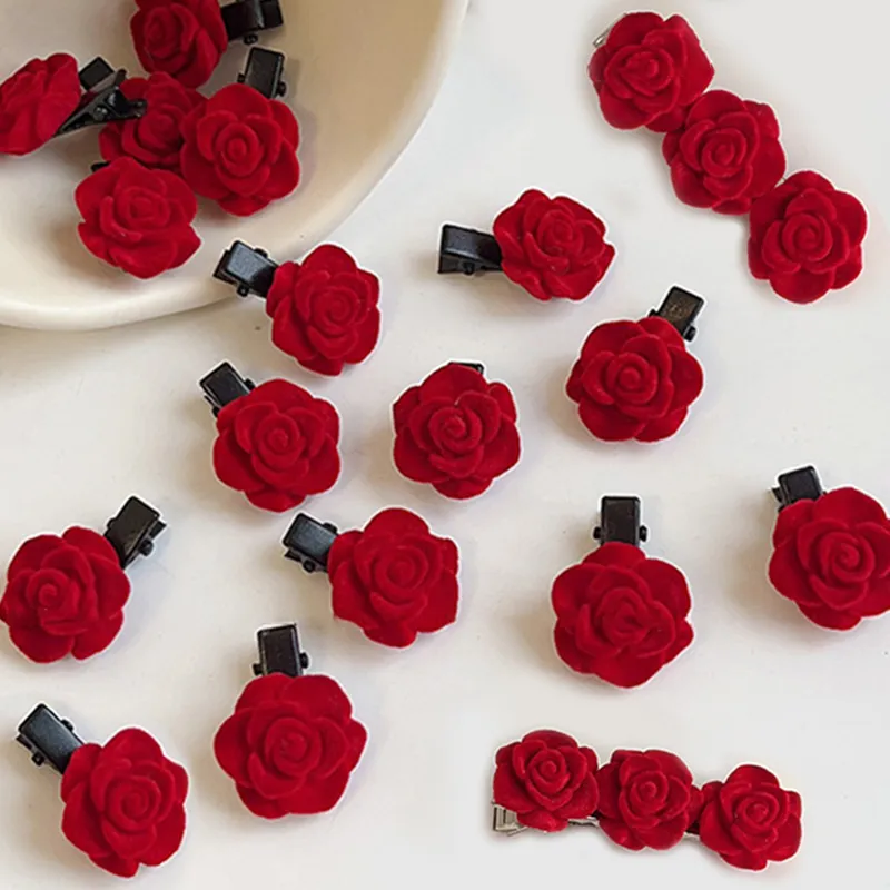 1-10PCS Red Velvet Rose Hair Clips - Image 2