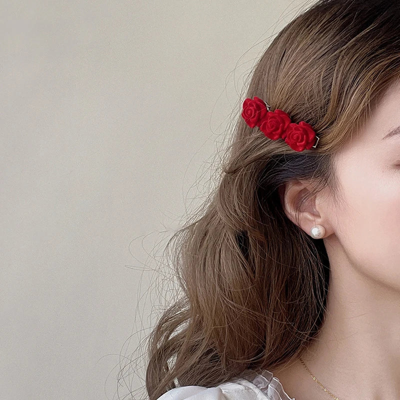1-10PCS Red Velvet Rose Hair Clips - Image 3