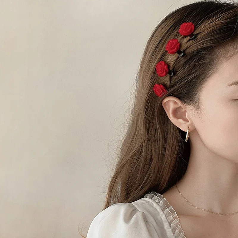 1-10PCS Red Velvet Rose Hair Clips - Image 4