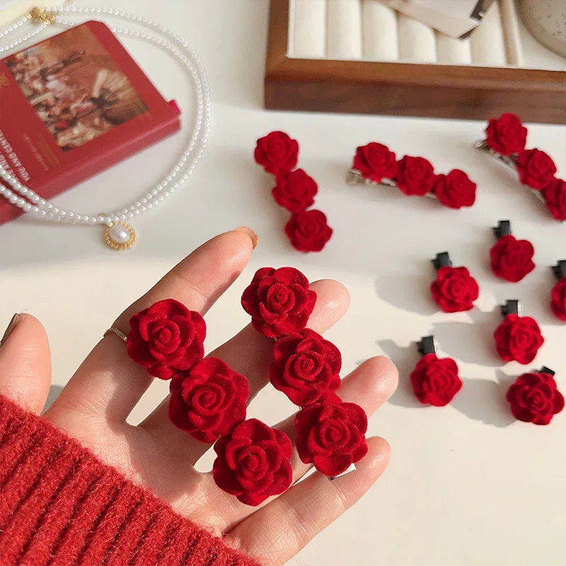 1-10PCS Red Velvet Rose Hair Clips - Image 5