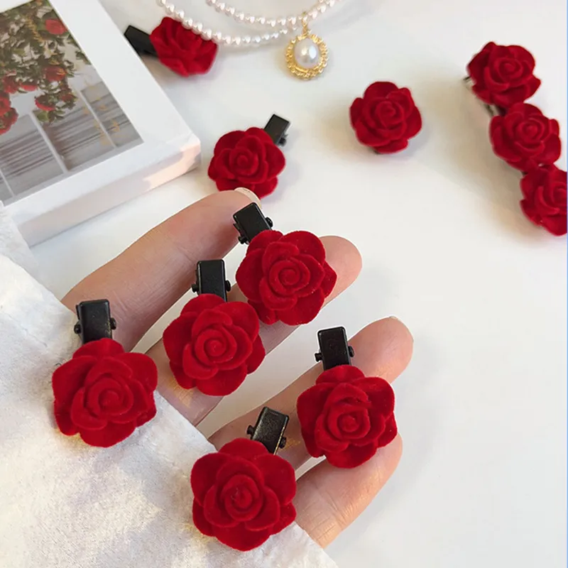 1-10PCS Red Velvet Rose Hair Clips - Image 6