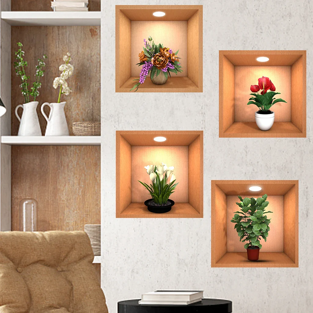 4PCS Potted Plant Illustration Wall Decals - Image 2