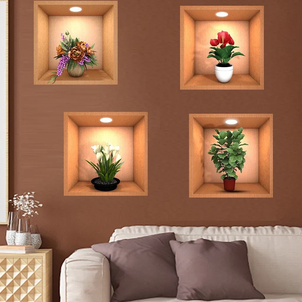 4PCS Potted Plant Illustration Wall Decals - Image 3