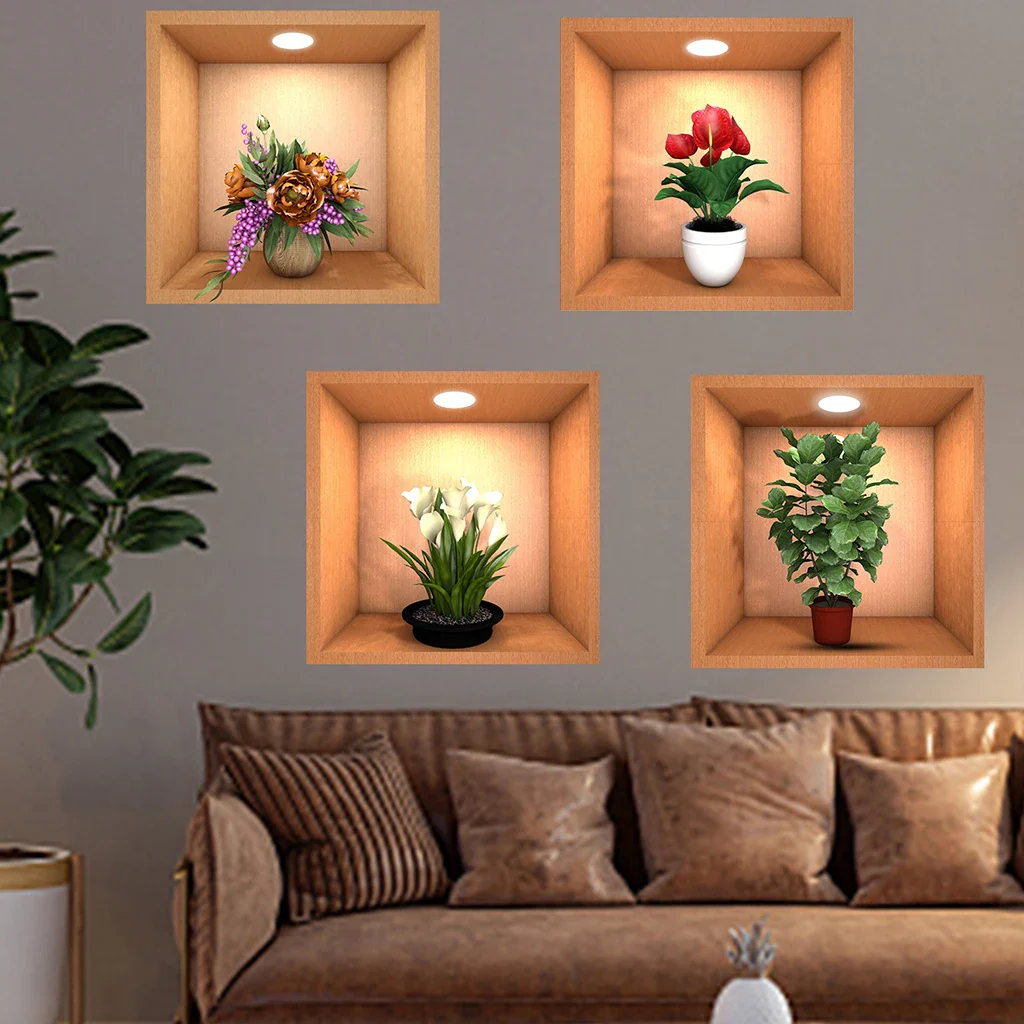 4PCS Potted Plant Illustration Wall Decals - Image 4