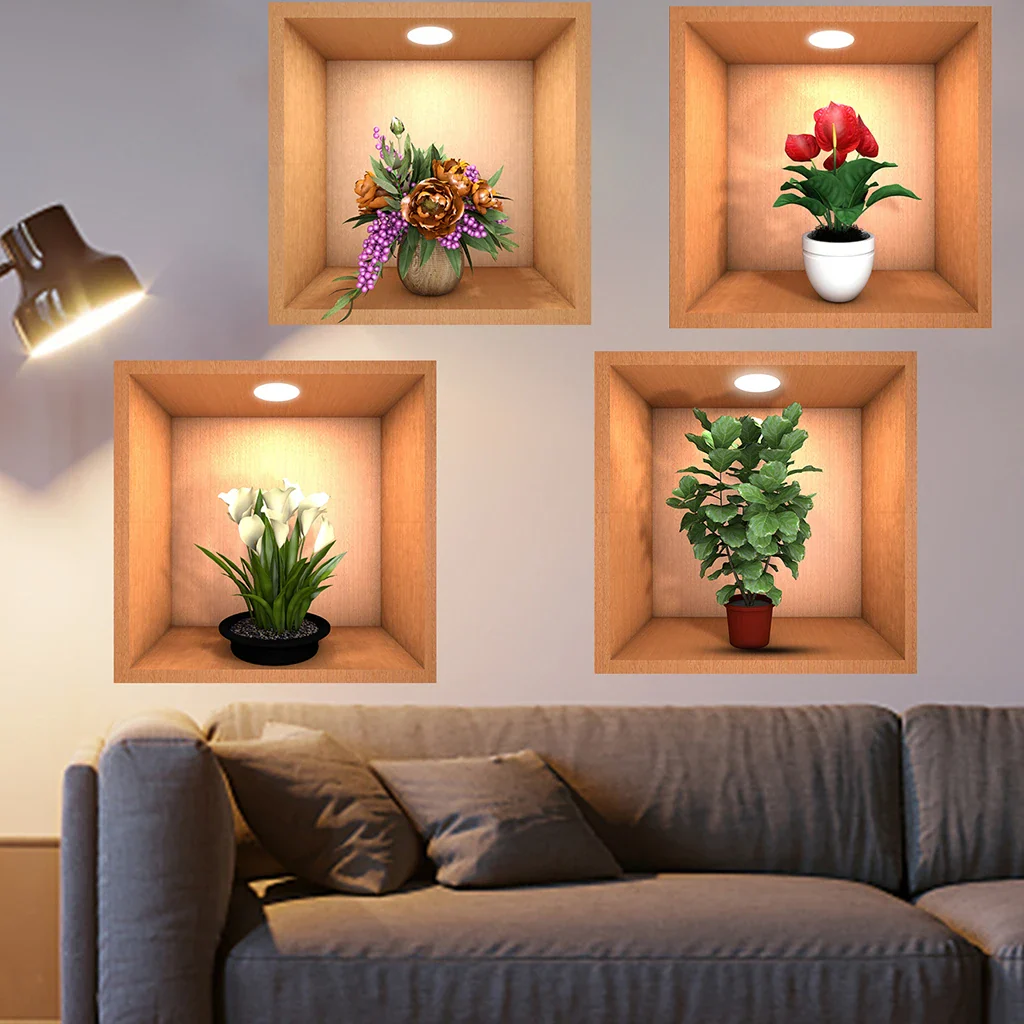 4PCS Potted Plant Illustration Wall Decals - Image 5