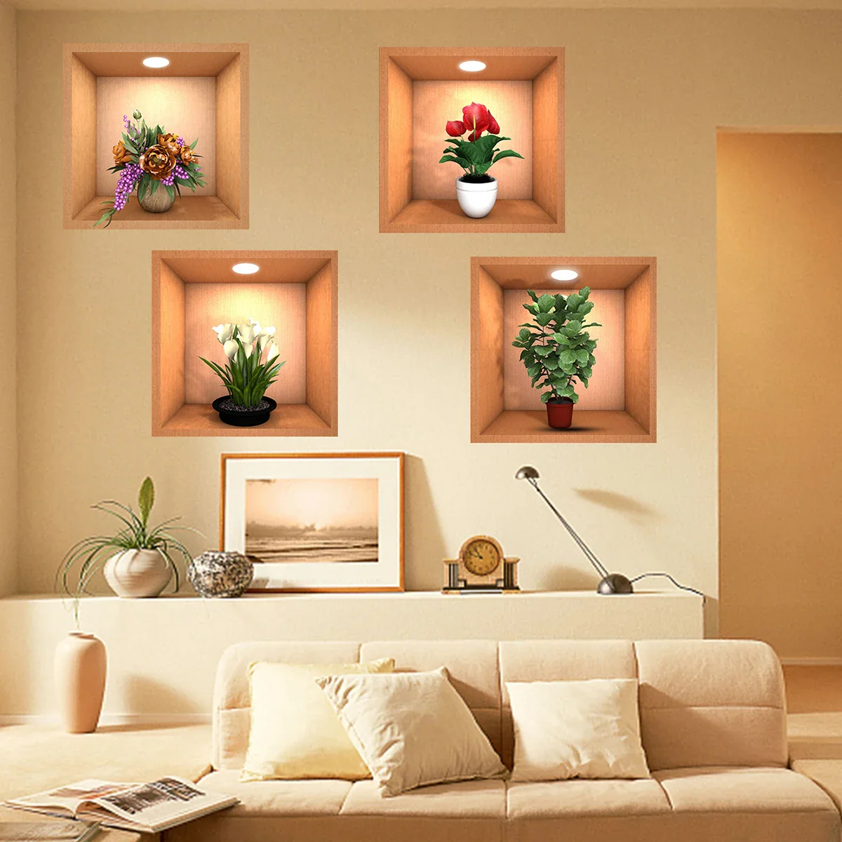 4PCS Potted Plant Illustration Wall Decals - Image 7