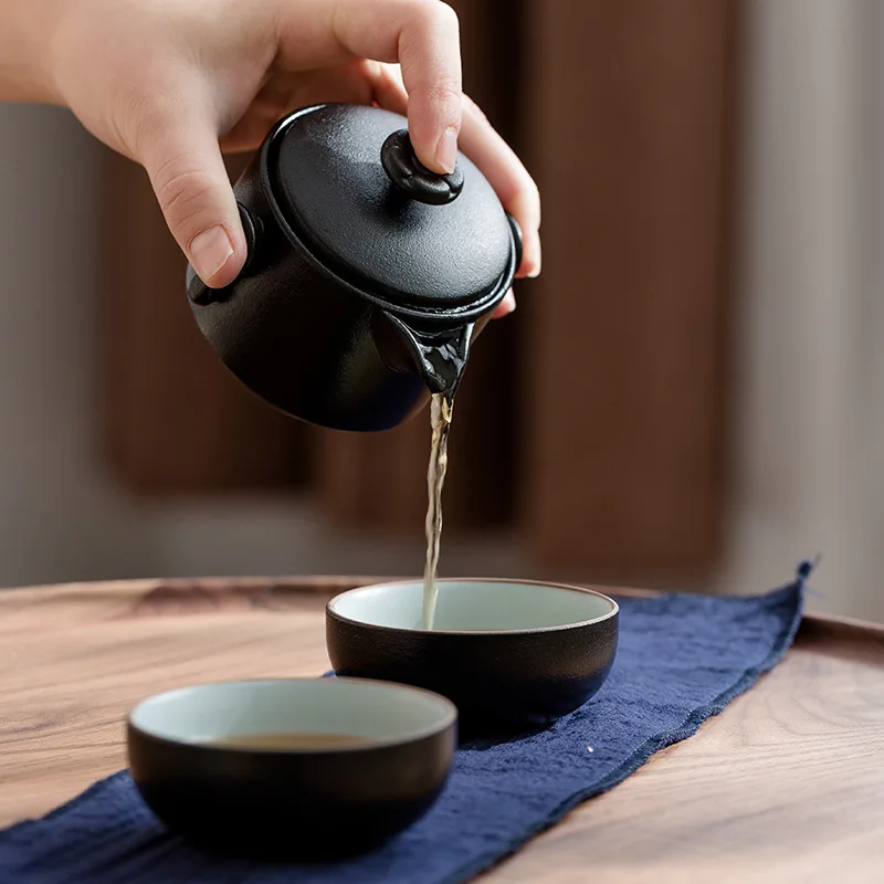 Black Pottery Travel Trio: Portable Tea and Coffee Set - Image 3