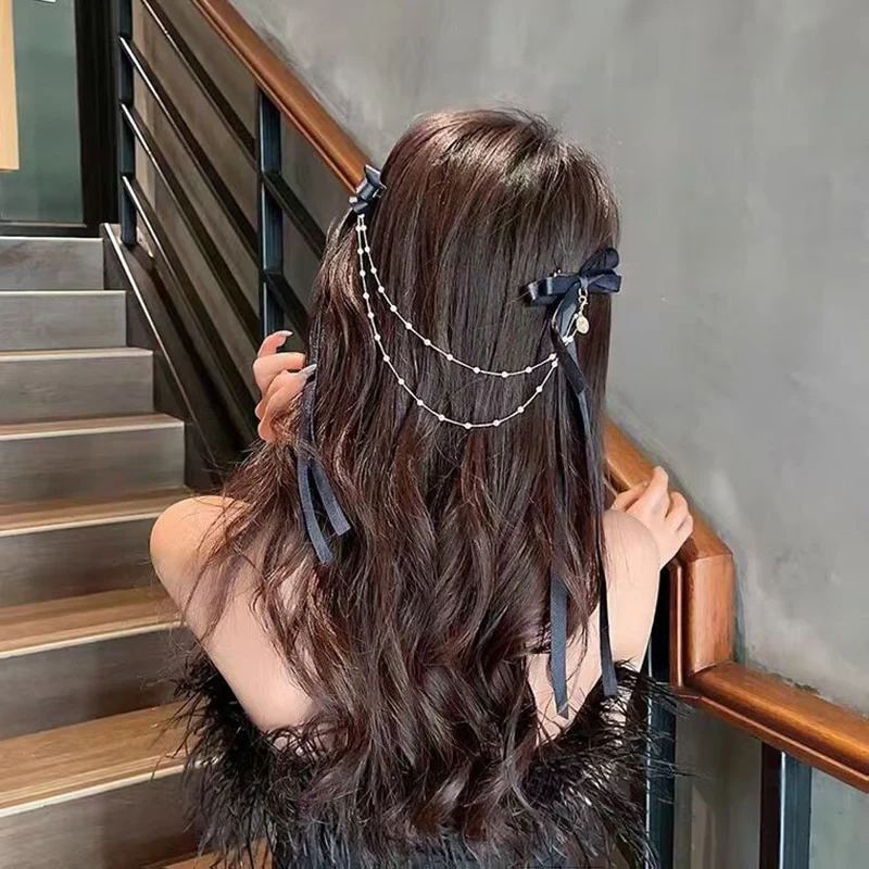 Bow Pearls Chain Barrettes Hairpin - Image 57
