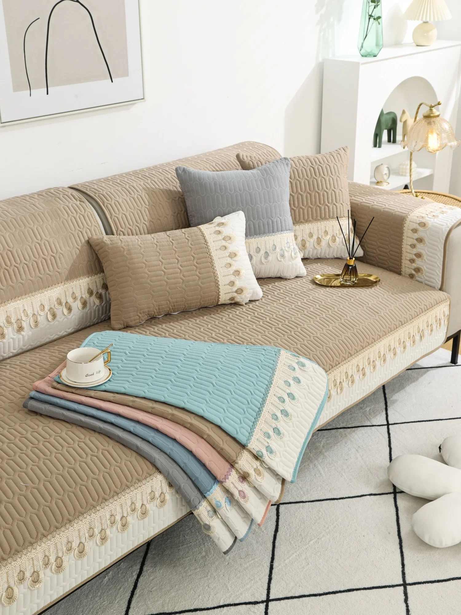 Feather Embroidery Sofa Seat Protector - Image 16