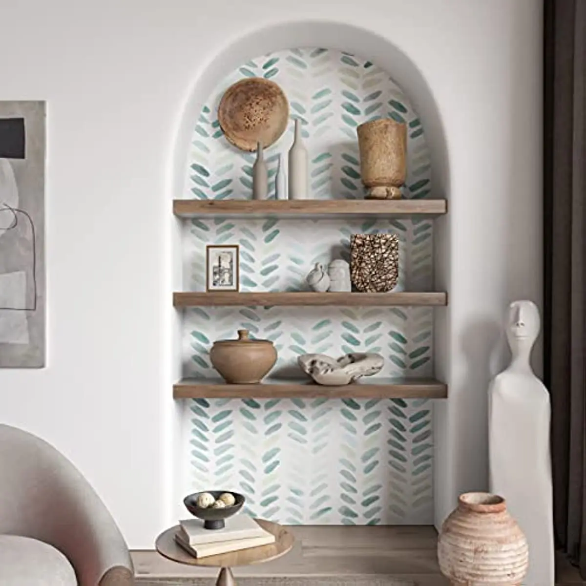 Green & White Boho Leaf Wallpaper - Image 11