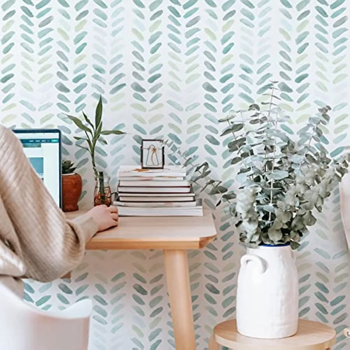 Green & White Boho Leaf Wallpaper - Image 7