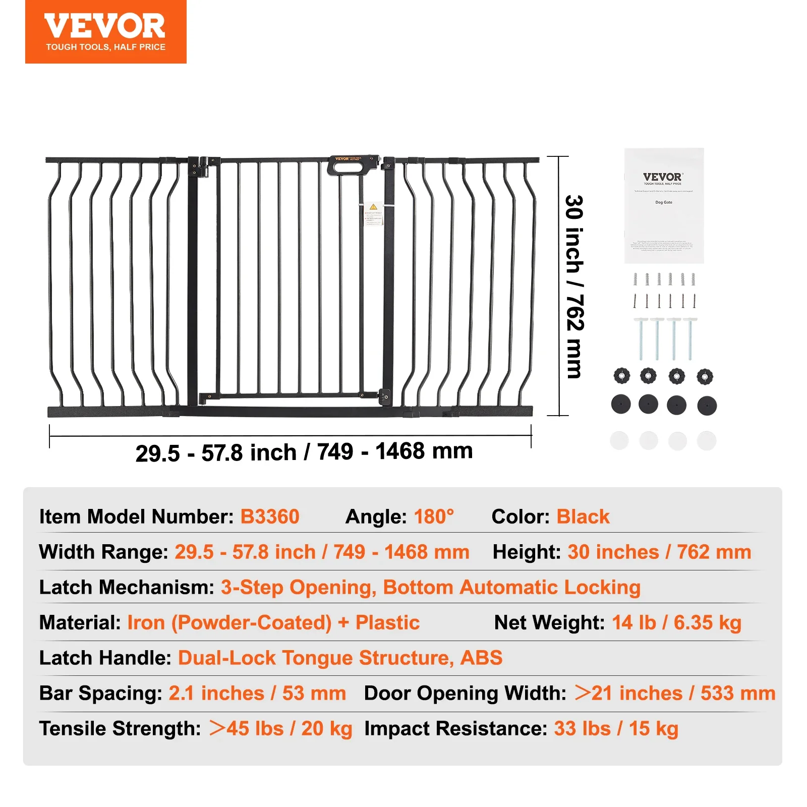 Pet Baby Gate 29.5"-39"/ 48.4"/ 53"/ 57.8" Extra Wide 30" - Image 12