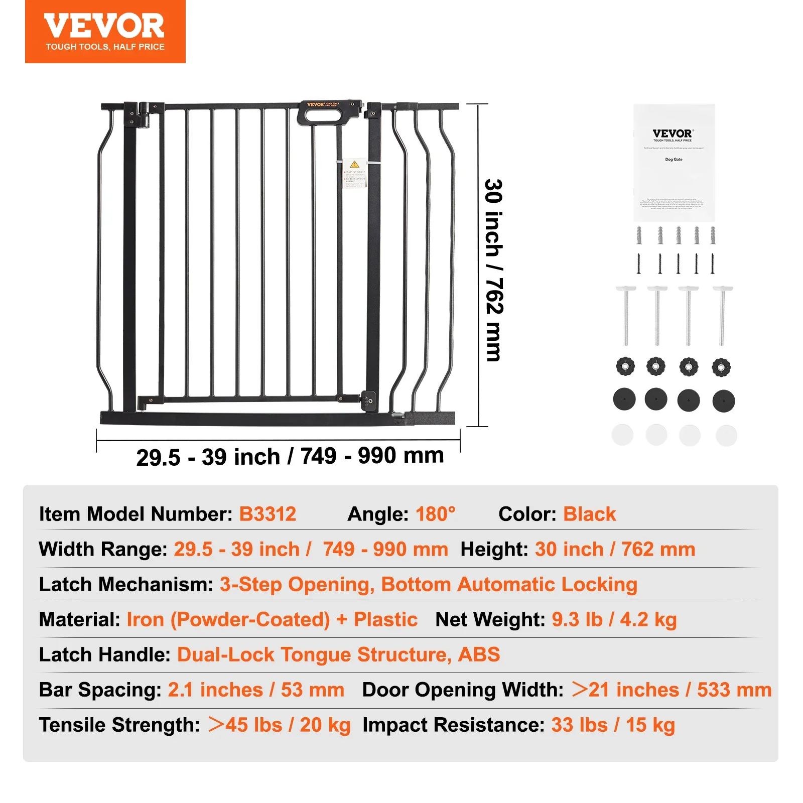 Pet Baby Gate 29.5"-39"/ 48.4"/ 53"/ 57.8" Extra Wide 30" - Image 6