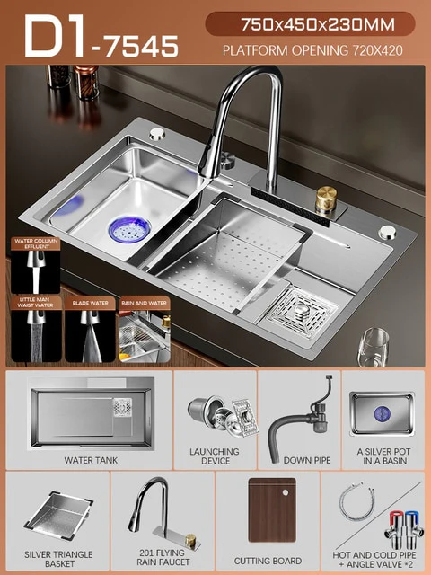 Silver Nano 304 Stainless Steel Kitchen Waterfall Sink - Image 10