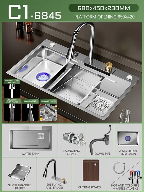 Silver Nano 304 Stainless Steel Kitchen Waterfall Sink - Image 12