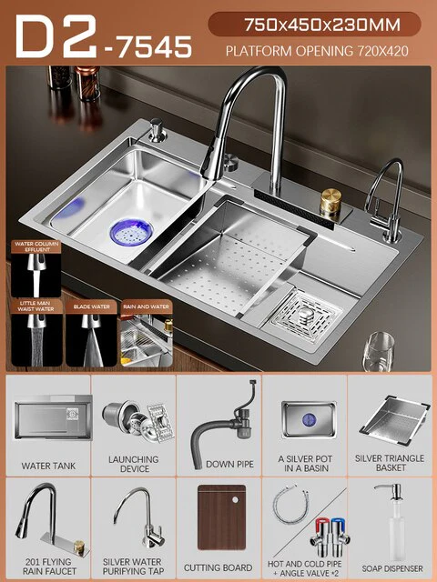 Silver Nano 304 Stainless Steel Kitchen Waterfall Sink - Image 14
