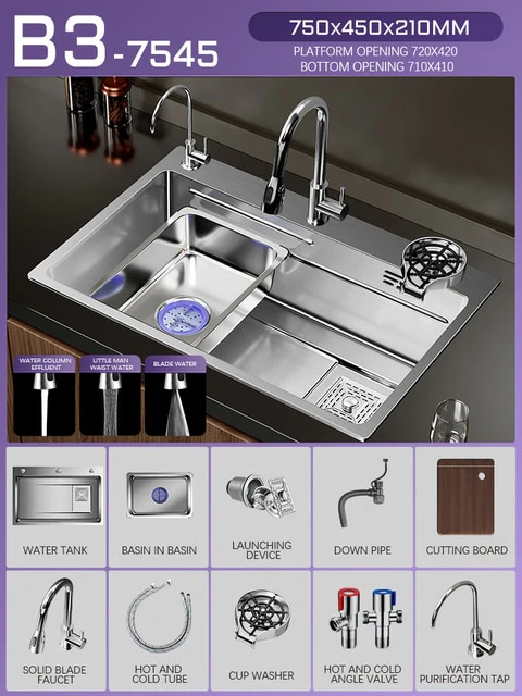 Silver Nano 304 Stainless Steel Kitchen Waterfall Sink - Image 15