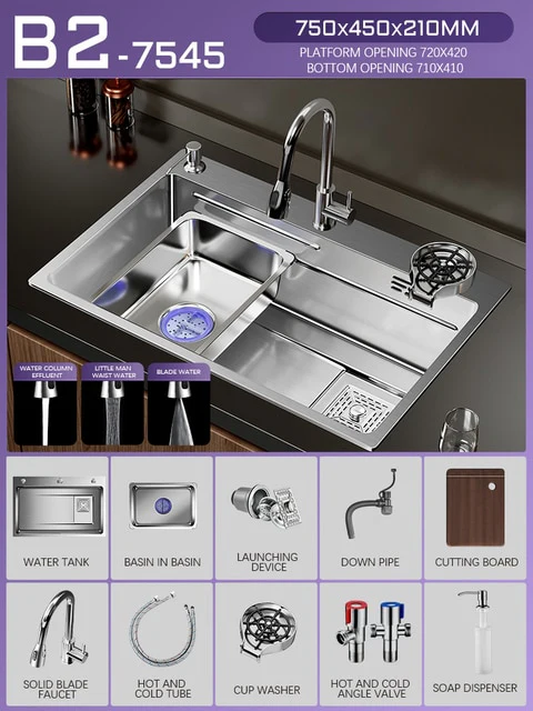 Silver Nano 304 Stainless Steel Kitchen Waterfall Sink - Image 17
