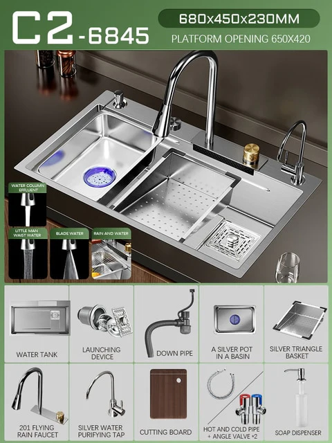Silver Nano 304 Stainless Steel Kitchen Waterfall Sink - Image 18