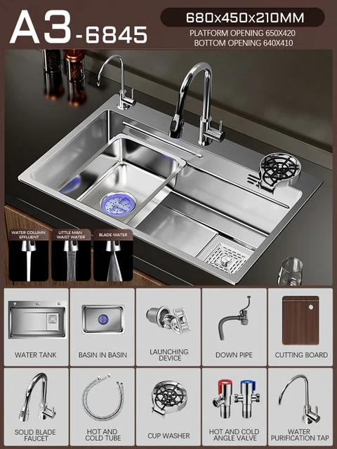 Silver Nano 304 Stainless Steel Kitchen Waterfall Sink - Image 19