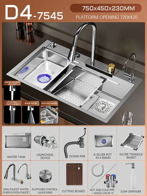 Silver Nano 304 Stainless Steel Kitchen Waterfall Sink - Image 3