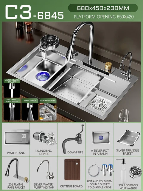 Silver Nano 304 Stainless Steel Kitchen Waterfall Sink - Image 5