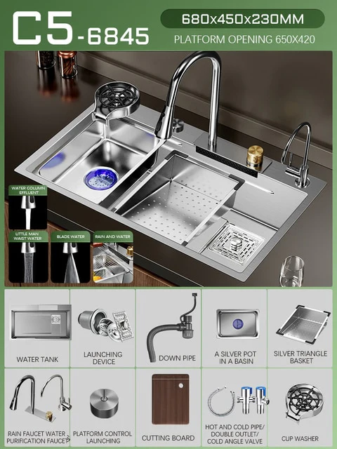 Silver Nano 304 Stainless Steel Kitchen Waterfall Sink - Image 6