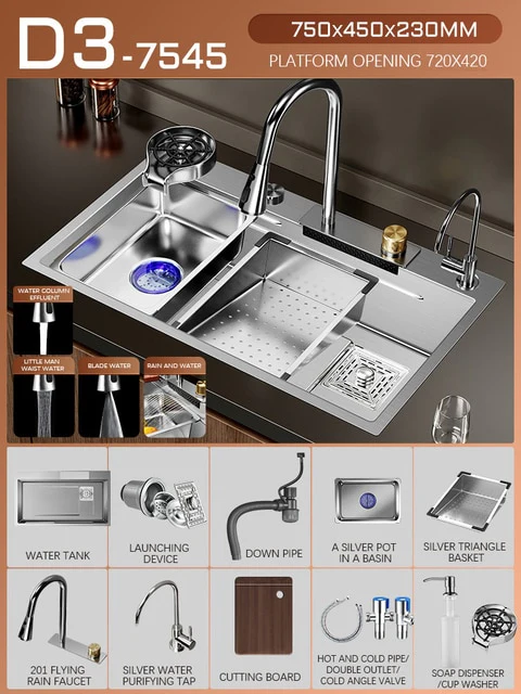 Silver Nano 304 Stainless Steel Kitchen Waterfall Sink - Image 7