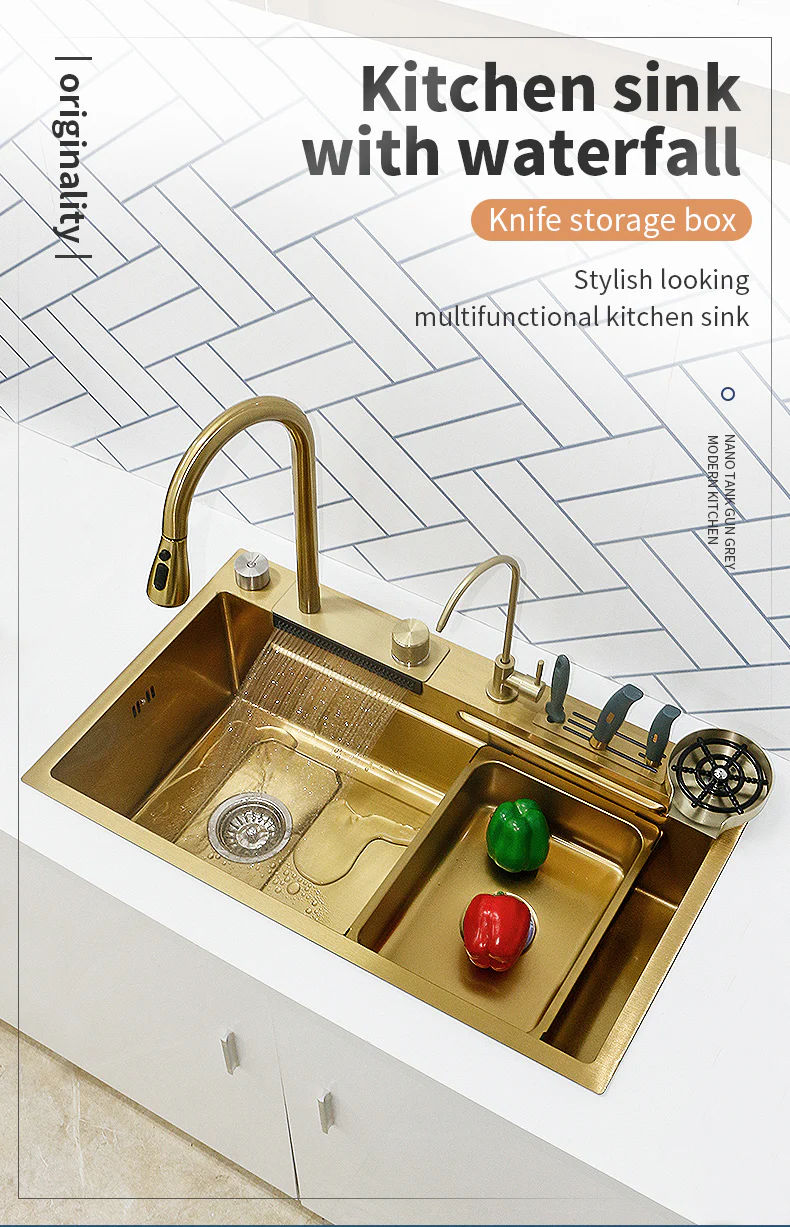 Stainless Steel Gold Knife Rack Waterfall Kitchen Sink - Image 13