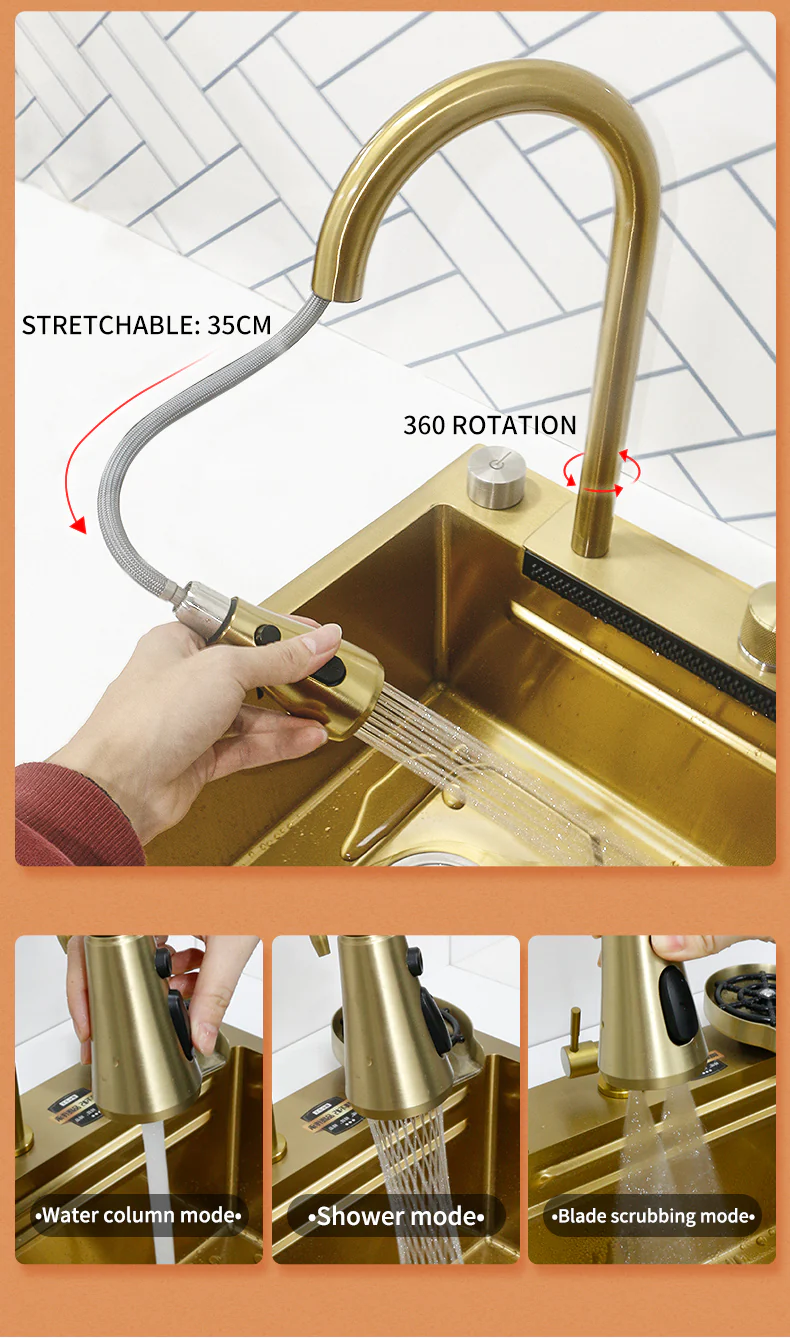Stainless Steel Gold Knife Rack Waterfall Kitchen Sink - Image 15