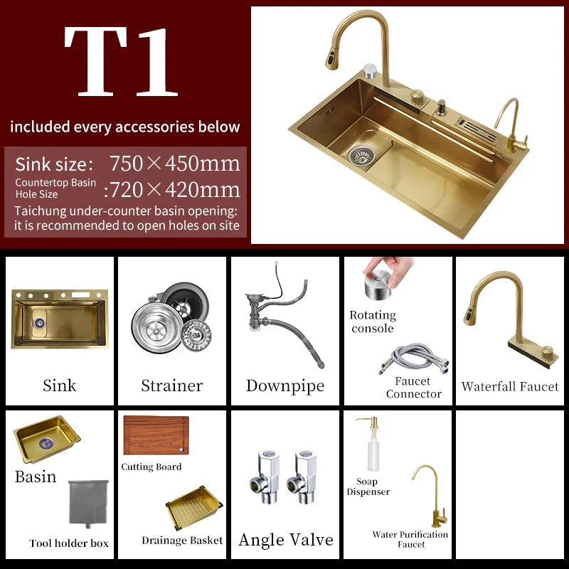 Stainless Steel Gold Knife Rack Waterfall Kitchen Sink - Image 2