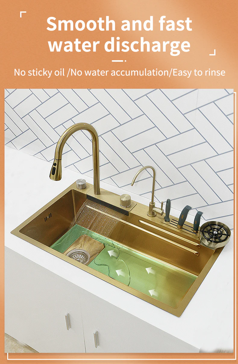 Stainless Steel Gold Knife Rack Waterfall Kitchen Sink - Image 24
