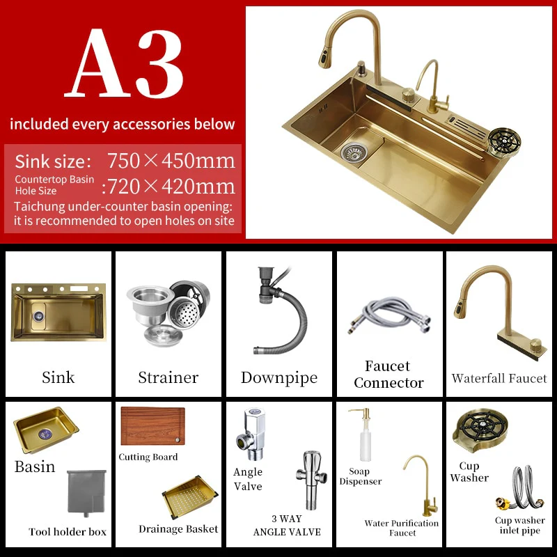 Stainless Steel Gold Knife Rack Waterfall Kitchen Sink - Image 3