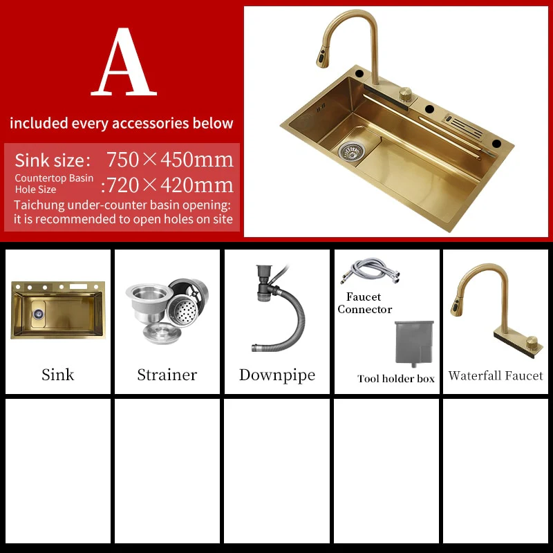 Stainless Steel Gold Knife Rack Waterfall Kitchen Sink - Image 4