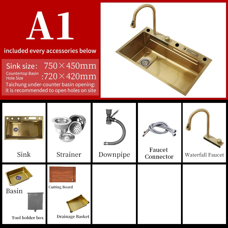 Stainless Steel Gold Knife Rack Waterfall Kitchen Sink - Image 5